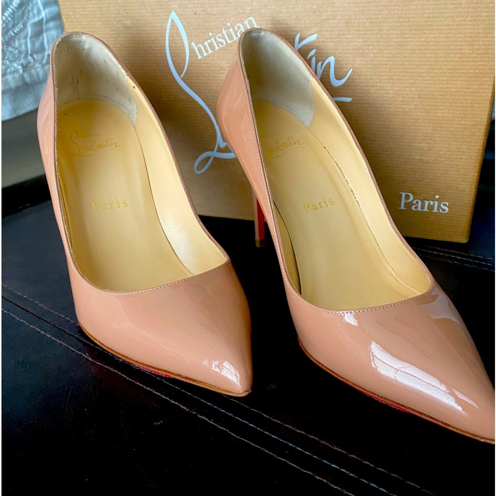 CHRISTIAN LOUBOUTIN Patent Pigalle Follies 85 Pumps size 37 in Nude.